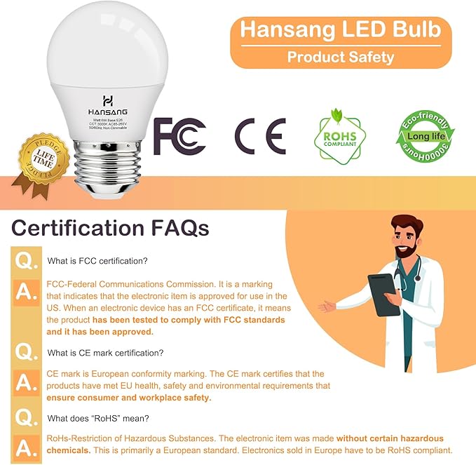 hansang E26 Appliance Light Bulb, 3000K Soft White, 60 Watt Equivalent Small Light Bulb, E26 LED Bulb for Ceiling Fan, A15 Light Bulb, 600lm 120V, CRI85+, Eye Protection, 120V, Non-Dimmable 6 Pack