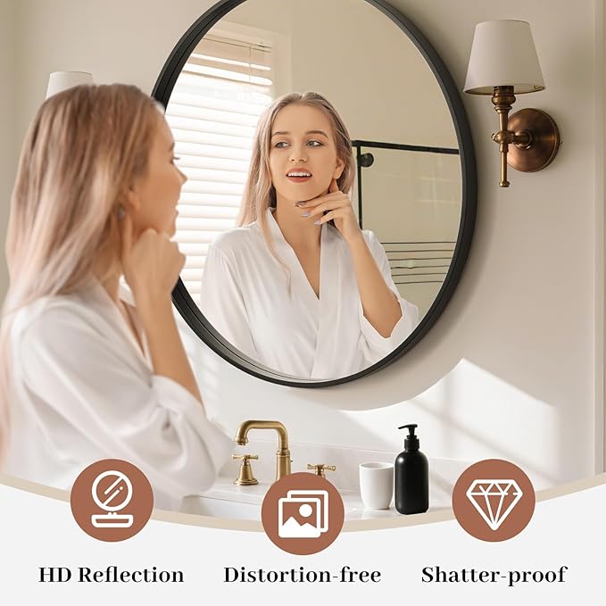 WallBeyond Round Wood Mirror, 32" Round Modern Decoration Large Circle Wall Mirror for Bathroom Living Room Bedroom Entryway, Black