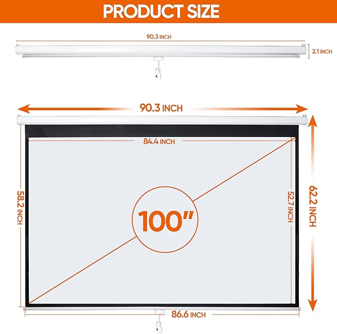 100 Inch Projection Screen Outdoor Indoor 16:10 HD Foldable Manual Pull Down Projector Screen for Movie Home Backyard Theater Cinema Office Video Game, White