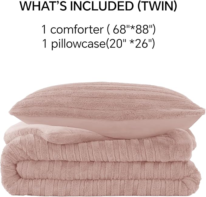 BEDELITE Fleece Twin Comforter Set -Super Soft & Warm Fluffy Pink Faux Fur Bedding, Luxury Fuzzy Heavy Bed Set for Winter with 1 Pillow case