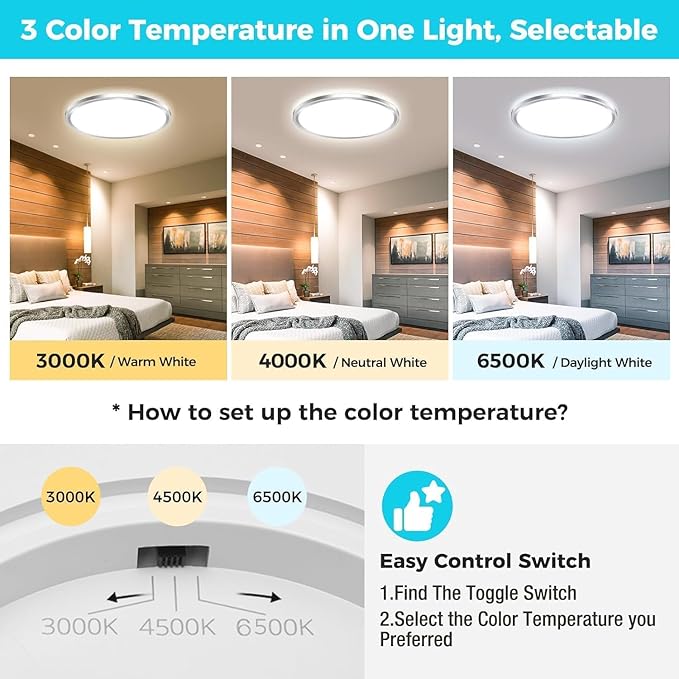 zemty 6Pack LED Ceiling Light Fixture, 6.5-Inch 12W 1200lm Small Flush Mount Light, Adjustable 3000K 4000K 6500K Color Temperatures, Round Flat Recessed Lamp for Kitchen Closet Hallway Laundry, Nickel