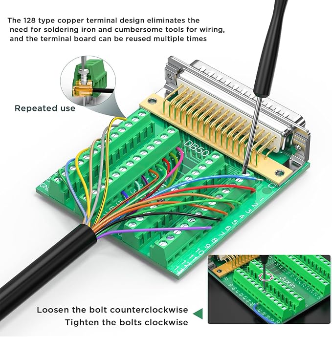 DB50 Female Connector to Terminal Block, HDB50 Breakout Board No Soldering Needed D-SUB 50-pin Adapter to Terminal Connector Signal Module with Bolts Nuts