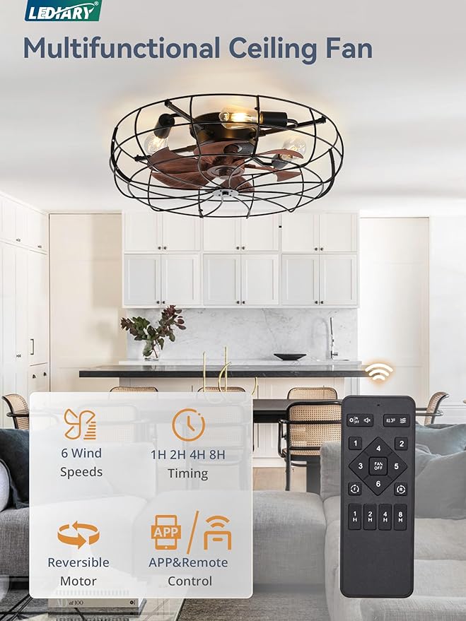 LEDIARY 23 Inch Large Caged Ceiling Fan with Light, Flush Mount Low Profile with Remote Control, Farmhouse Industrial Bladeless Fan Light for Bedroom, Kitchen, Indoor