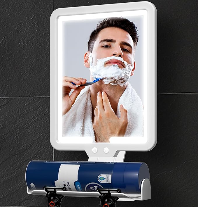 Lighted Shower Mirror Fogless for Shaving, Heated Fog Free Large 9.5*7inch 3 Color Modes Dimming Shower Shaving Mirror with Light, Rechargeable Anti-Fog Shower Mirror with Storage Tray & Razor Holders