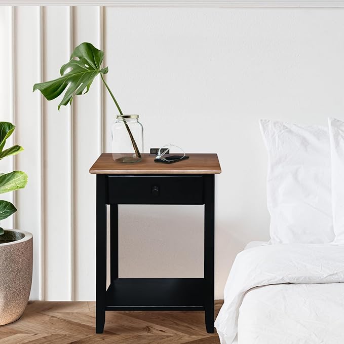 Casual Home Owl Night Stand with USB Port Charging Station and Drawer, 17.5" W x 14.25" D x 24.5" H, Walnut Black