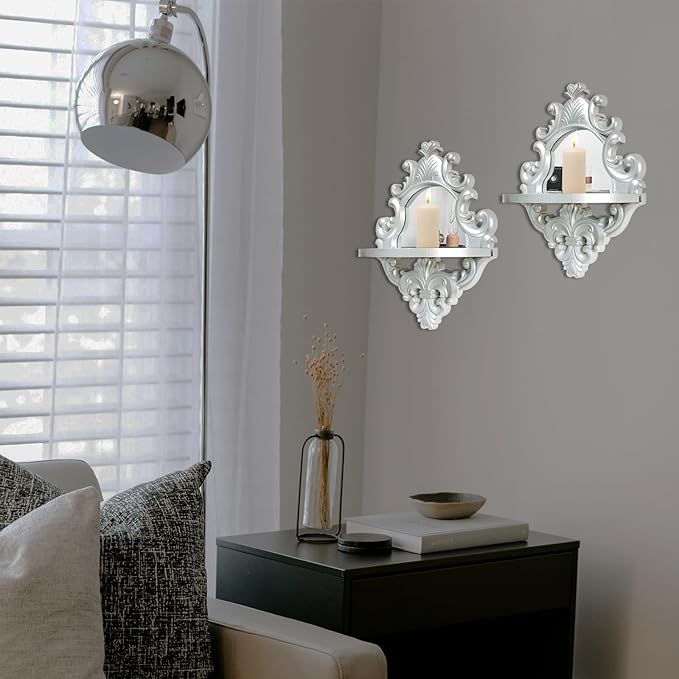 Three-Dimensional Relief Candle Sconces Set 2 Rustic Wall Mount Candle Holders Wood Hanging Wall Decor Mirrored Wall Art Hand Carved Home Decoration Silver