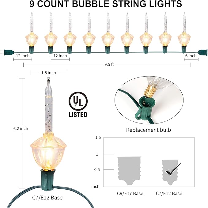 Christmas Bubble Lights - UL Listed 9 Traditional Clear Bulbs with Silver Glitter for Holiday Christmas Celebrations Lighting, Green Wire