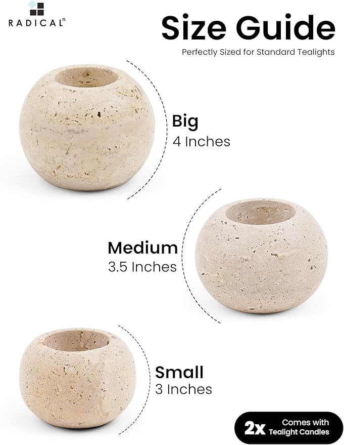 Radicaln Marble Tealight Candle Holder 4" Inch Travertine Handmade Decorative Votive Candle Holder for Wedding Centerpieces, Elegant Set of 3 Mini Candle Holders for Living Room