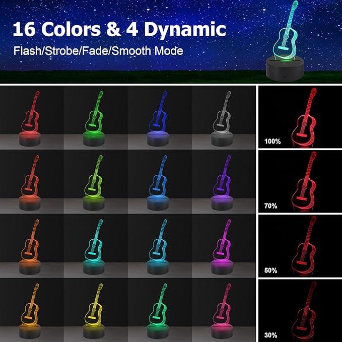 AZIMOM 3D Guitar Illusion Lamp Night Light for Bedroom 16 Colors Changing Smart Touch Remote Control Optical Illusion Bedside Desk Lamps Home Decoration Boys & Girls Women Birthday Gifts