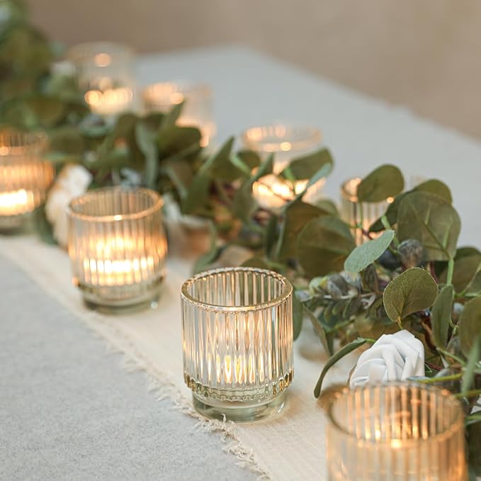 Vintage Ribbed Clear Glass Tealight & Votive Candle Holders (Set of 12), Wedding Bridal Shower Party Table Decor, Fall Decor, Boho Decor, Shelf Decoration