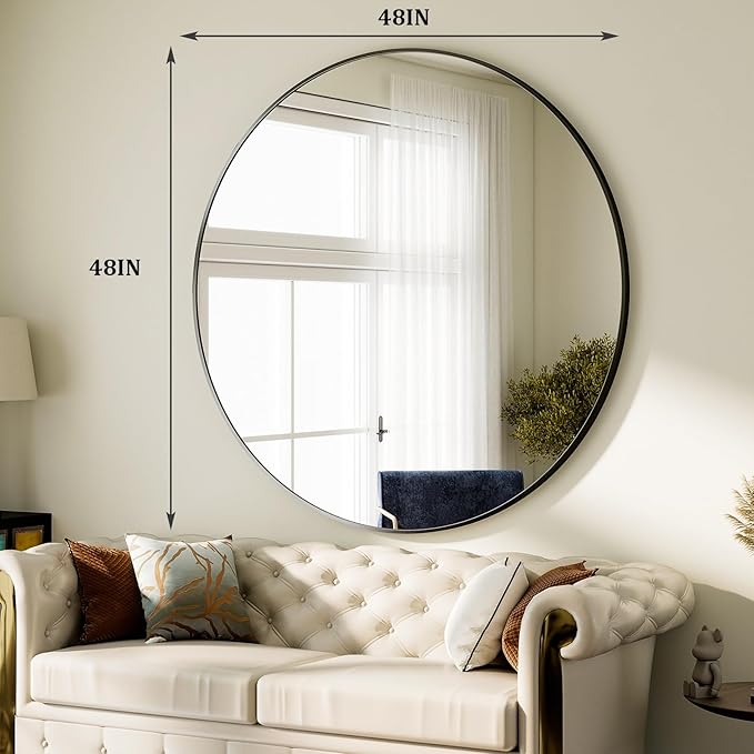 HARRITPURE 48 Inch Round Mirror, Black Circle Bathroom Mirror, Modern Aluminum Alloy Frame Large Vanity Wall Mirror for Living Room, Bedroom, Entryway