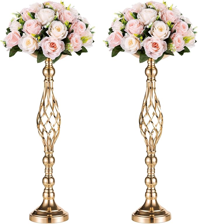Versatile Metal Flower Arrangement Stand & Pillar Candles Holder Set for Wedding Party Dinner Centerpiece Event Restaurant Hotel Decoration (2 x L, Gold)