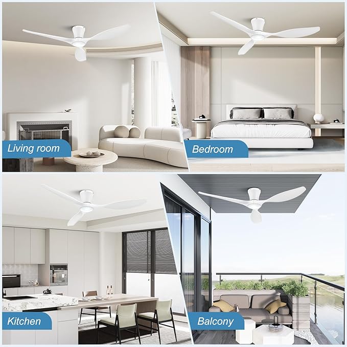 ocioc 52 inch Ceiling Fans with Lights and Remote, Dimmable Ceiling Fans with Reversible Quiet DC Motor, Flush Mount, 3CCT, White Ceiling Fan for Bedroom Living Room Indoor/Outdoor