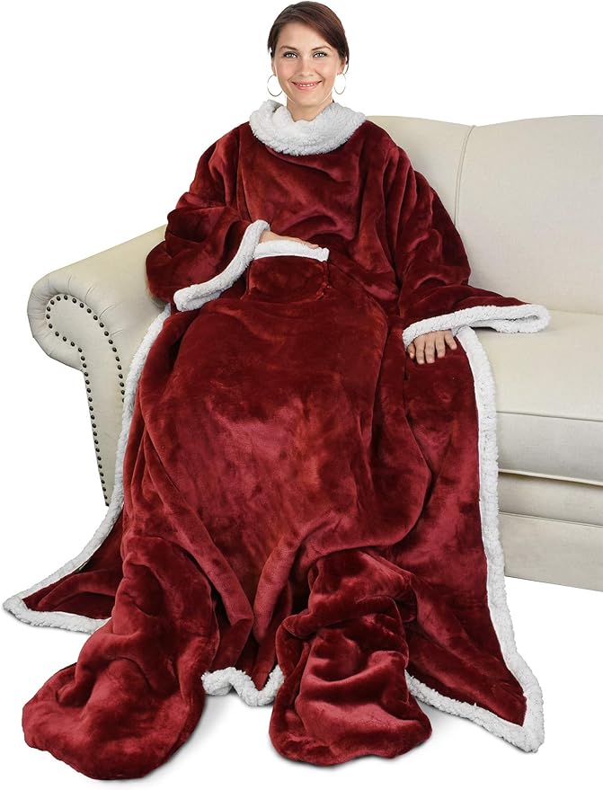 Catalonia Sherpa Wearable Blanket with Sleeves & Foot Pockets for Adult Women Men, Comfy Snuggly Wrap Sleeved Throw Blanket Robe, Gift Idea, Wine