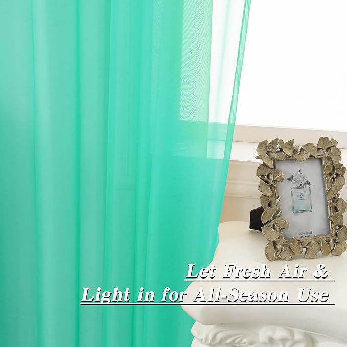 HUTO Window Sheer Turquoise Curtains for Bedroom Rod Pocket Voile Sheer Drapes for Living Room 2 Panels Curtains Each is 52 inches Wide by 63 inches Long