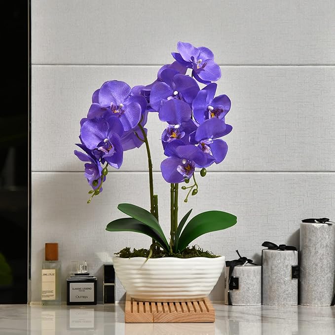 Large Artificial Potted Orchid Plant, Silk Flower Arrangement with Ceramics Vase, Purple