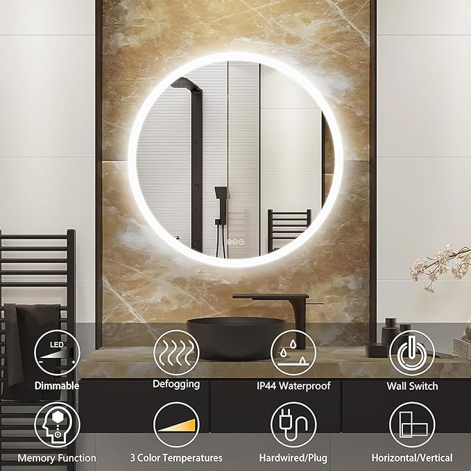 Wall-Mounted LED Round Bathroom Mirror, Makeup Mirror (32 inches x 32 inches,) 3 Color Stepless Dimmable Memory Bathroom Vanity Mirror with Lights CRI90+ 3000-6400K Smart Mirror with Touch