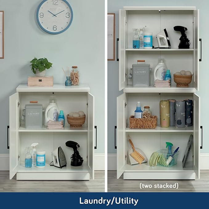 Sauder HomePlus Small Kitchen Pantry Storage Cabinet with Adjustable Shelves, Laundry Bathroom Storage Cabinet, Soft White Finish