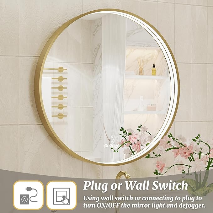 28 Inch Round LED Bathroom Mirror, Gold Metal Framed Lighted Mirror for Bathroom, Wall Mouted LED Vanity Mirror with Lights, 3 Colors and Stepless Dimmable, Anti-Fog, Memory