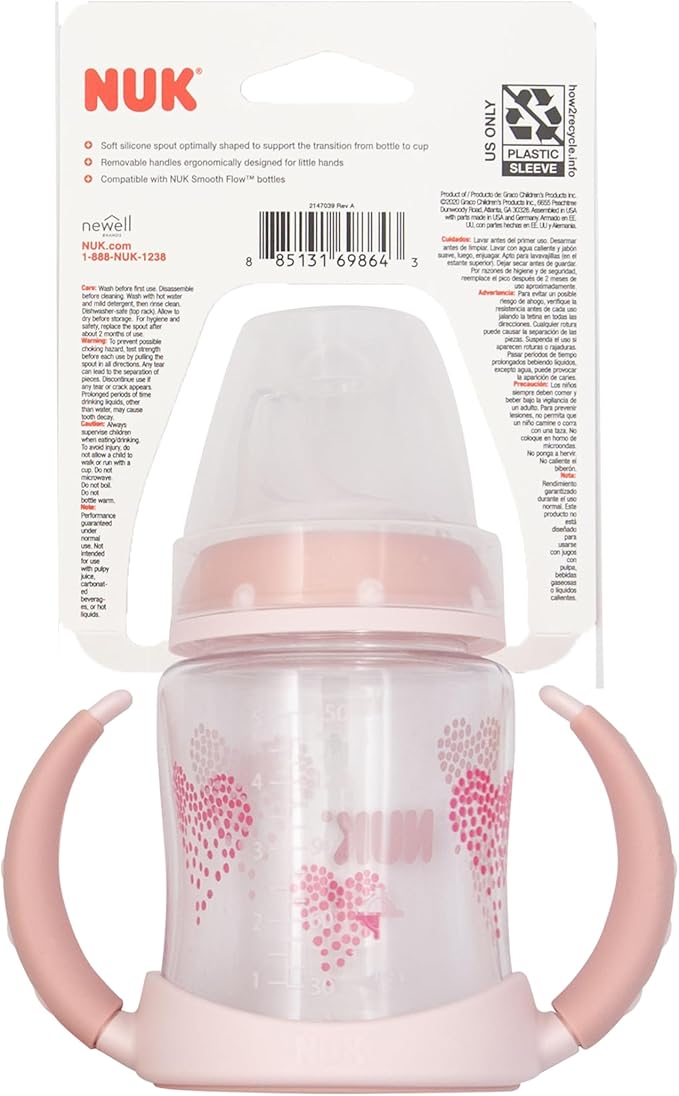 NUK Learner Cup, 5 Oz, Pack of 2, Pink Hearts, Soft Spout, Easy-Grip Handles, BPA Free, Spill Proof, Transition Sippy Cup