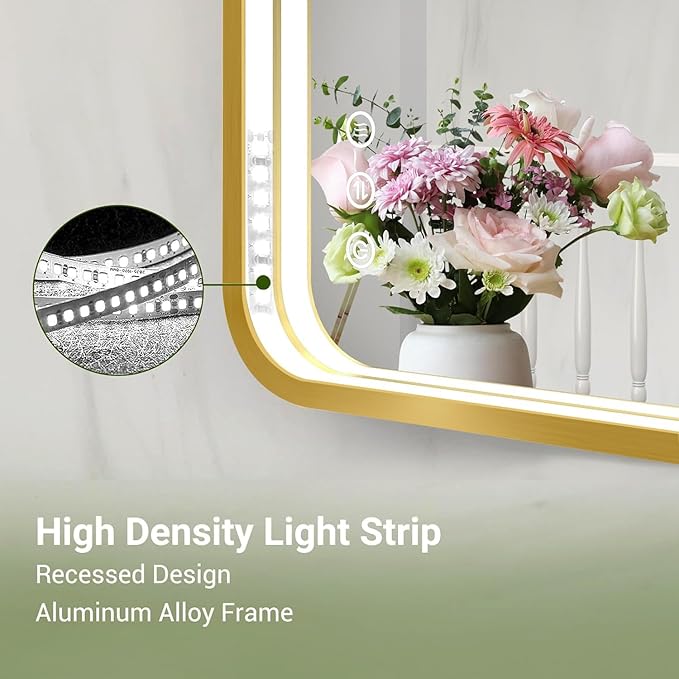 LED Bathroom Mirror with Lights, 30x36 Inch Gold Metal Framed LED Mirror for Bathroom, 3 Colors and Stepless Dimmable Wall Mounted Lighted Bathroom Vanity Mirror, Anti-Fog, Memory