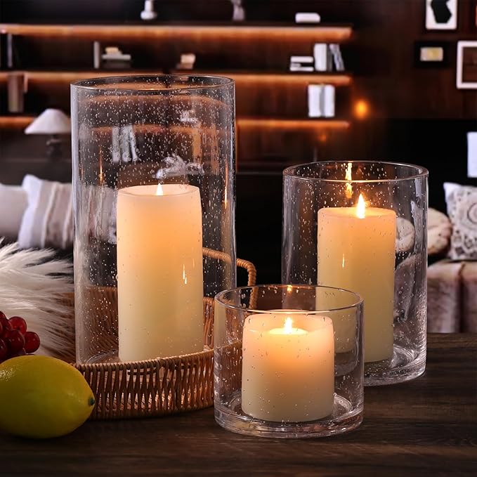 Large Hurricane Candle Holder Set of 3 Clear Candle Holders for Pillar Candles, Seeded Bubbles Glass Candle Holder for Table Centerpiece, Glass Cylinder Vases for Home, Patio and Wedding 10" 7" 4" H