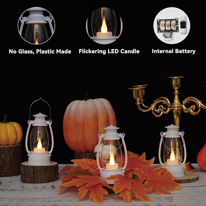 12Pcs Mini White Lanterns for Western Halloween Christmas – 6Inch Candle Lanterns with Flickering LED, Wedding Centerpiece Table Decorations, Camping Decor & Hanging Ornaments for Rustic Party