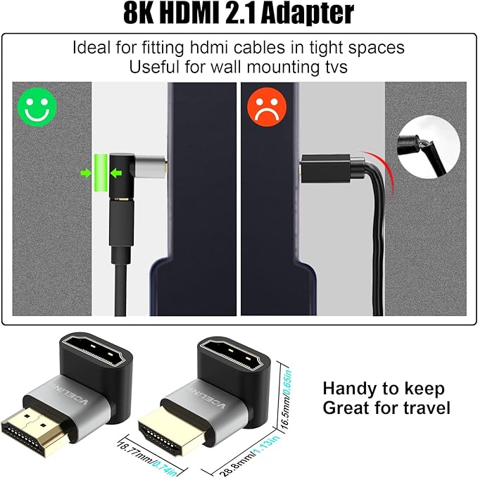 VCELINK 4-Pack HDMI Right Angle Adapter, 8K@60Hz, 90 & 270 Degree, Up & Down, HDMI 2.1, 4K@120Hz, HDR, eARC for HDTV, Laptop, PS4, PS5, Xbox, Fire Stick