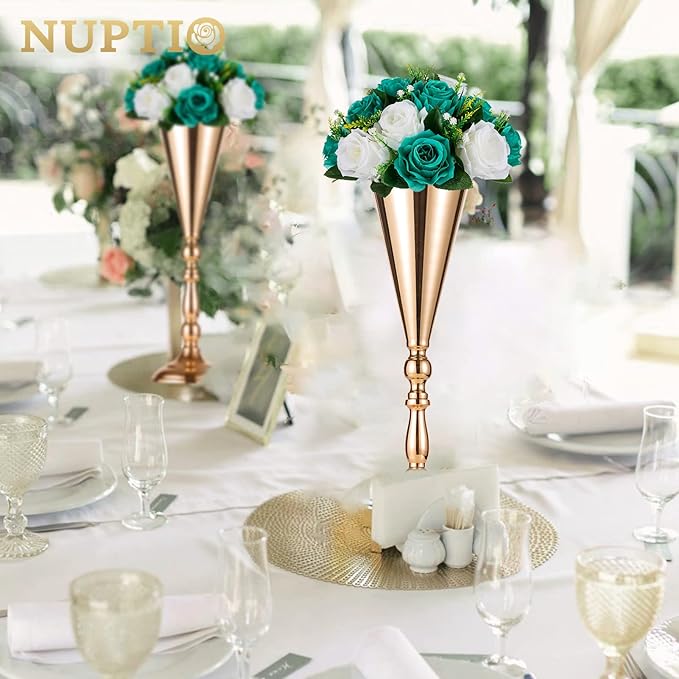 NUPTIO Flower Wedding Centrepieces for Tables - 2 Pcs 9.5in Diameter Teal & White Artificial Flowers Rose Ball for Centerpieces Table - Fake Rose Arrangements for Weddings Birthday Party Decorations