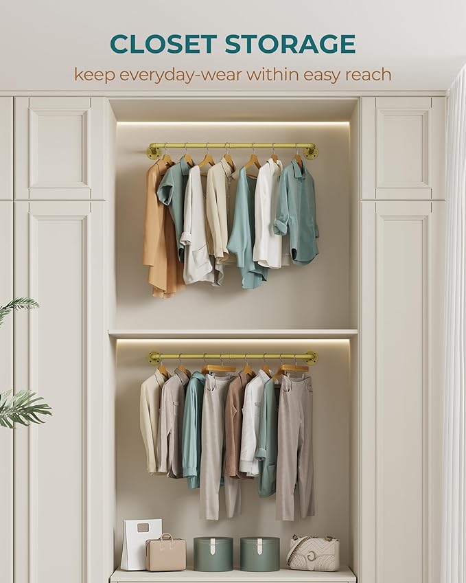 OROPY Industrial Pipe Clothes Rack Wall Mounted Set of 2, 38.4 inches Heavy Duty Iron Pipe Clothing Garment Rail, Multi-Purpose Clothing Hanging Rod for Laundry Room and Closet Storage, Gold
