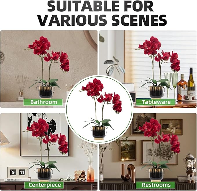 CXGS Orchids Artificial Flowers Real Touch Fake Flowers in Ceramic Pot 20" Red Faux Orchid Plant Lifelike Silk Phalaenopsis for Centerpiece Hotel Home Indoor Decor