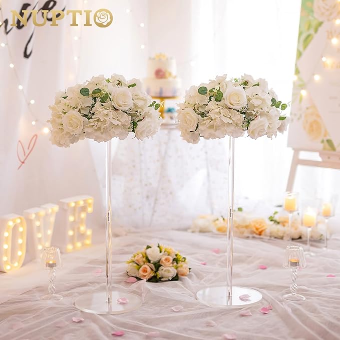 NUPTIO Flower Balls for Wedding Centerpieces - 2 Pcs 14.2 inch Diameter Fake Flower Ball Arrangement Bouquet Party Centerpieces for Tables - White Rose Bouquet Centerpiece Flowers for Wedding Table