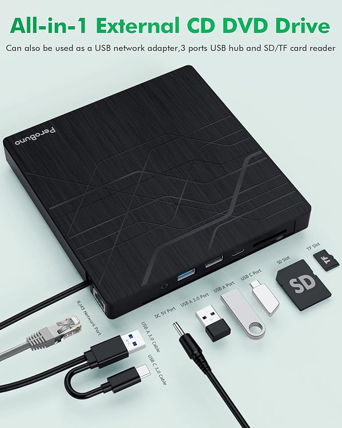 Super External CD DVD Drive, USB 3.0 DVD Burner with Ethernet Adapter, 3 USB and 2 TF/SD Card Ports, CD DVD Player Reader Writer Optical Disk Drive for Laptop PC Mac Windows Linux with Carrying Case