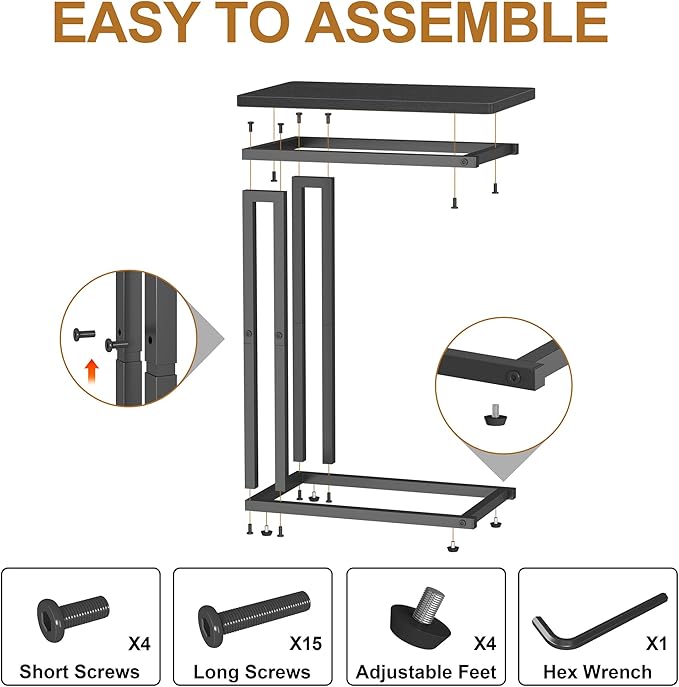 Yusong C Shaped End Table - Slide Under Sofa Couch Bed, Small Table for Small Spaces, Skinny Overbed, Coffee Drink Snack Table for Living Room, Black Oak