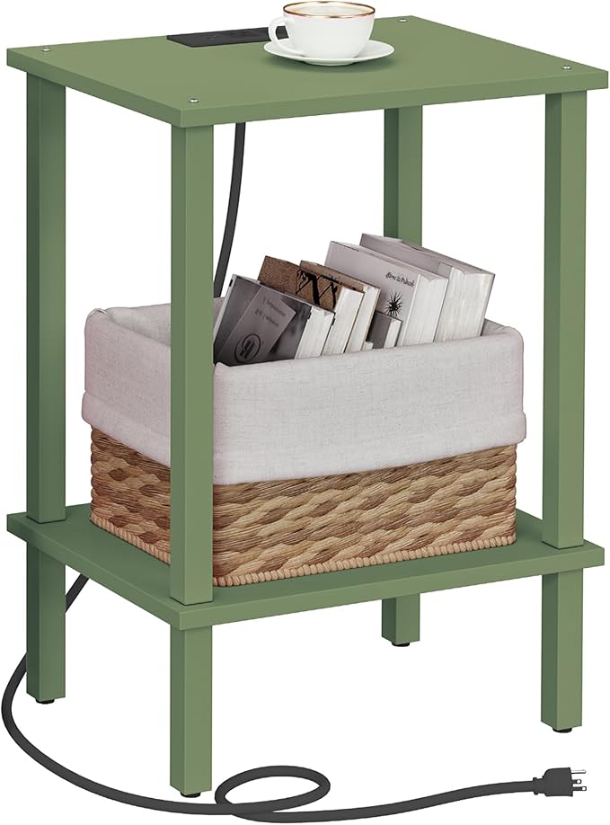 TUTOTAK End Table with Charging Station, Small Side Table with Outlets, Nightstand Bedside Table, 2-Tier Storage Shelf for Small Space, Living Room, Bedroom, Olive Green TB01BOG040