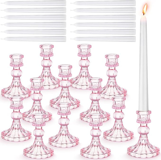 Suclain 24 Pcs Glass Taper Candle Holder Sets 12 Candlestick Holder with 12 White Long Candles for Wedding Party Decor Dinner Decoration(Pink)