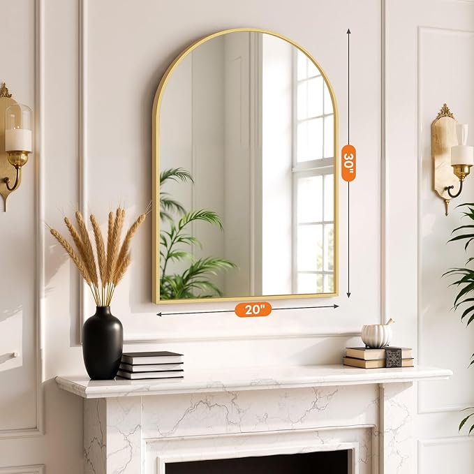 Sweetcrispy Arched Bathroom Mirror 30x20.5 Inch Gold Metal Framed Arch Vanity Mirror for Wall, Over Sink, Farmhouse, Restroom, Anti-Rust, Modern Decorative, Hanging or Leaning