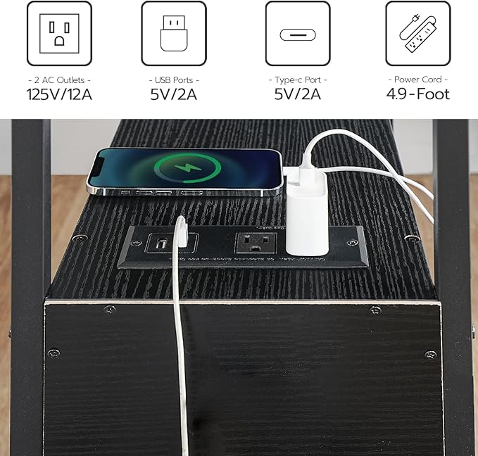 HOOBRO Set of 2 End Tables with Charging Station, Narrow Side Table with Drawers & USB Port & Power Outlets, Nightstand for Small Spaces, Living Room, Stable and Sturdy, Black BK541BZP201