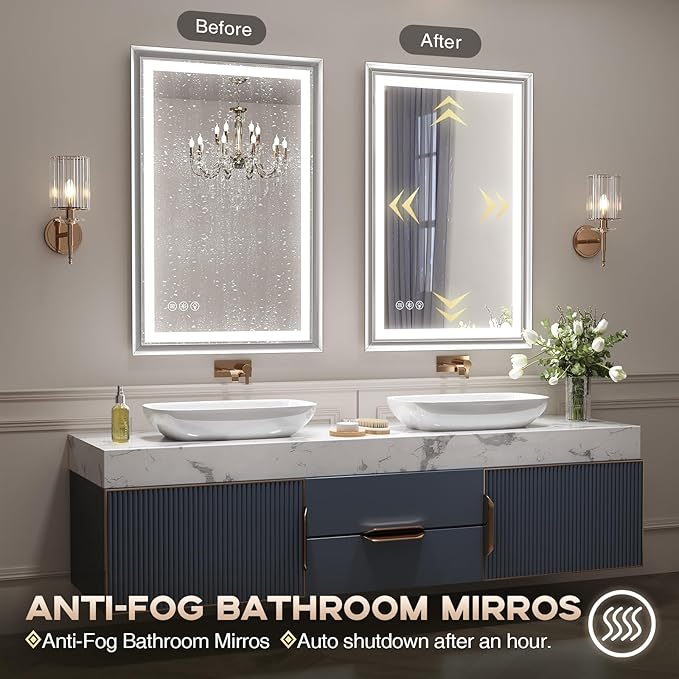 LED Bathroom Mirror, 28“x36“ Lighted Bathroom Mirror with Metal Framed, Extremely Bright LED Mirror for Bathroom, 3 Colors Dimmable, Anti-Fog, Memory, Wall Mounted Lighted Vanity Mirror