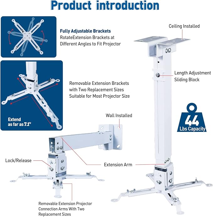 Projector Ceiling Wall Mount Adjustable Height from 11 to 13.7 Inches Bracket with Extendable Arms Low Profile Holder Hanger for Home Office Compatible with Epson Optoma Benq (White)