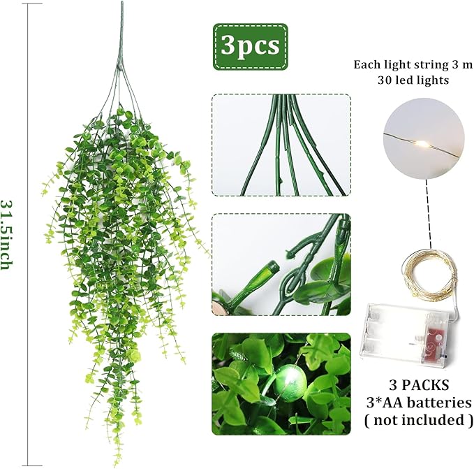 RECUTMS Hanging Plants Outdoor UV Resistant Faux Hanging Plants Indoor Artificial Decor Outdoor Artificial Hanging Plants for Wall House Room Patio Indoor Outside Home Shelf Office Decor in 3 Pcs