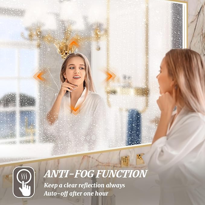 60x36 Inch LED Bathroom Mirror, Gold Metal Framed Lighted Mirror for Bathroom, Wall Mouted LED Vanity Mirror with Lights, 3 Colors and Stepless Dimmable, Anti-Fog, Memory
