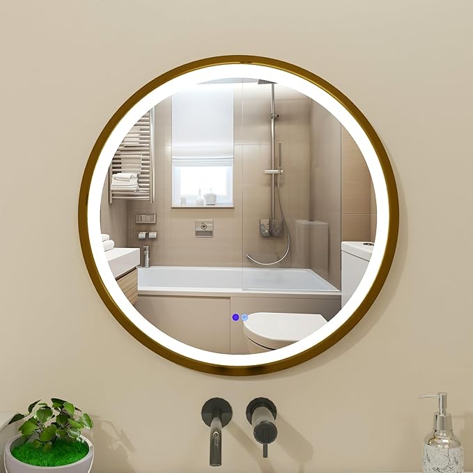 Fab Glass and Mirror 28" Round LED Bathroom Wall Piece with Touch Dimming, Anti-Fog Feature, 3 Color Temperature Options, Circular Framed Lighting in Gold