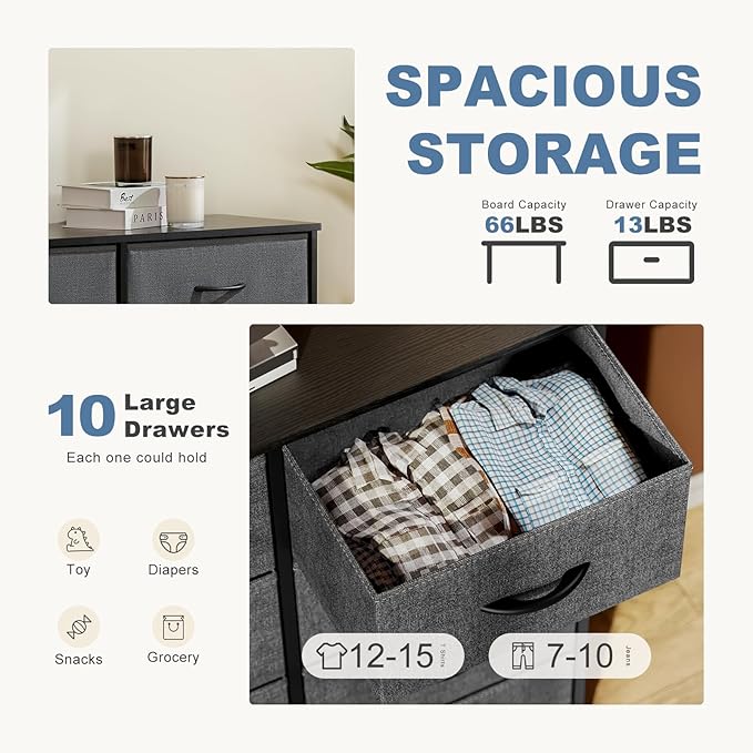 DUMOS Dresser for Bedroom, 10 Storage Drawers, Wide Fabric Closet Chests Organizer Tower Furniture with Wooden Top Metal Frame for Clothes, Guest Room, Living Room, Hallway, Entryway