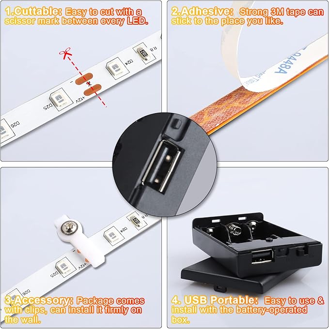 16.4FT Warm White LED Strip Light with USB Plug + Battery Box Operated, 3000K Soft White Ribbon Strip, Adhesive 300LEDs Flexible Strip Tape for Kitchen Bedroom Under Cabinet TV Computer