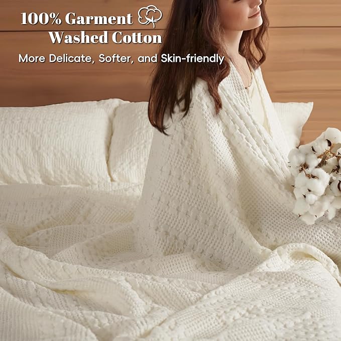 PHF 100% Cotton Waffle Weave Blanket Twin Size for Bed, Soft Lightweight & Breathable, All-Season Comfort, Luxury Aesthetic Woven Bedding for Home Decor, 66"x90", Ivory