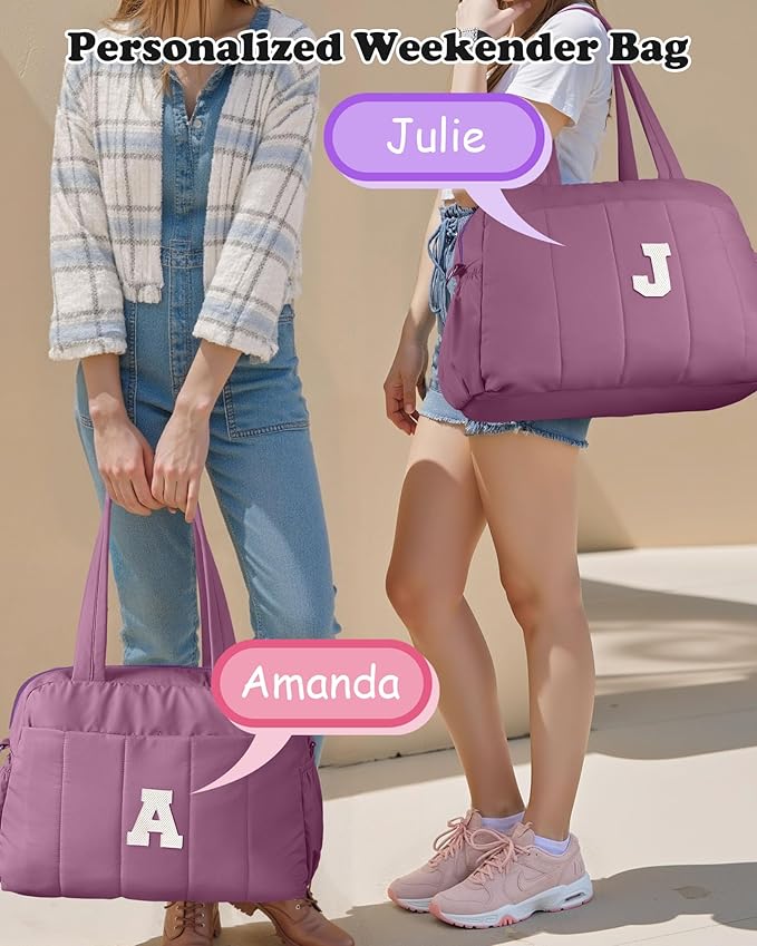 Duffle Bag with Initial, Spend The Night Bags for Women，Overnight Bag with Wet Pocket，Gifts for Friends-Lightweight Travel Bags Personalized Gym Tote with Makeup Pouch