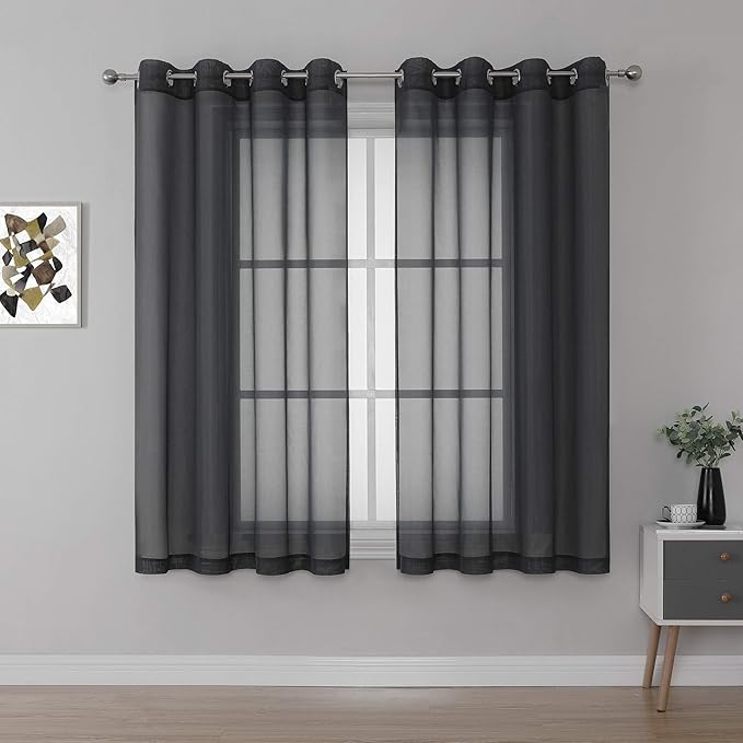 KEQIAOSUOCAI 63 inches Long Living Room Sheer Curtains - Eyelet Top Voile Sheer Draperies Privacy for Villa, W 54 by L 63 inch Length, 2 Panels,Jet Black