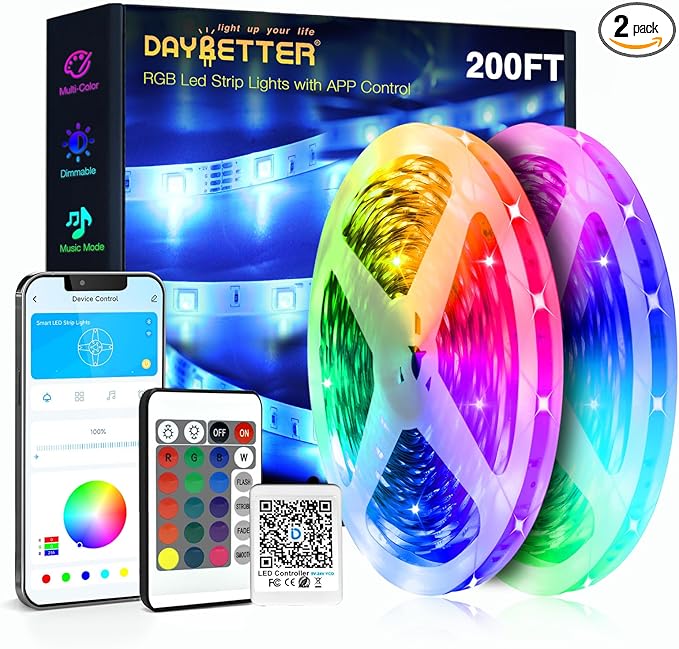 DAYBETTER Led Strip Lights 200 ft (4 Rolls of 50 ft) Ultra Long Smart Light Strips with App Voice Control Remote, RGB Music Sync Color Changing Lights for Bedroom, Kitchen, Party,Home Decoration