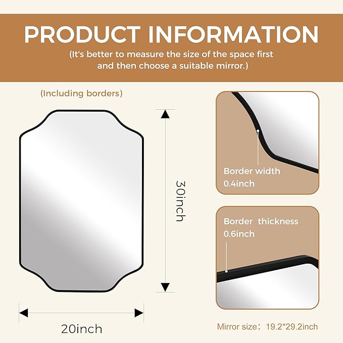 CULER Black Bathroom Wall Mirror,24 x 36 Inch Rectangle Vanity Modern Tempered Glass Mirror for Bedroom,Living Room,Entryway